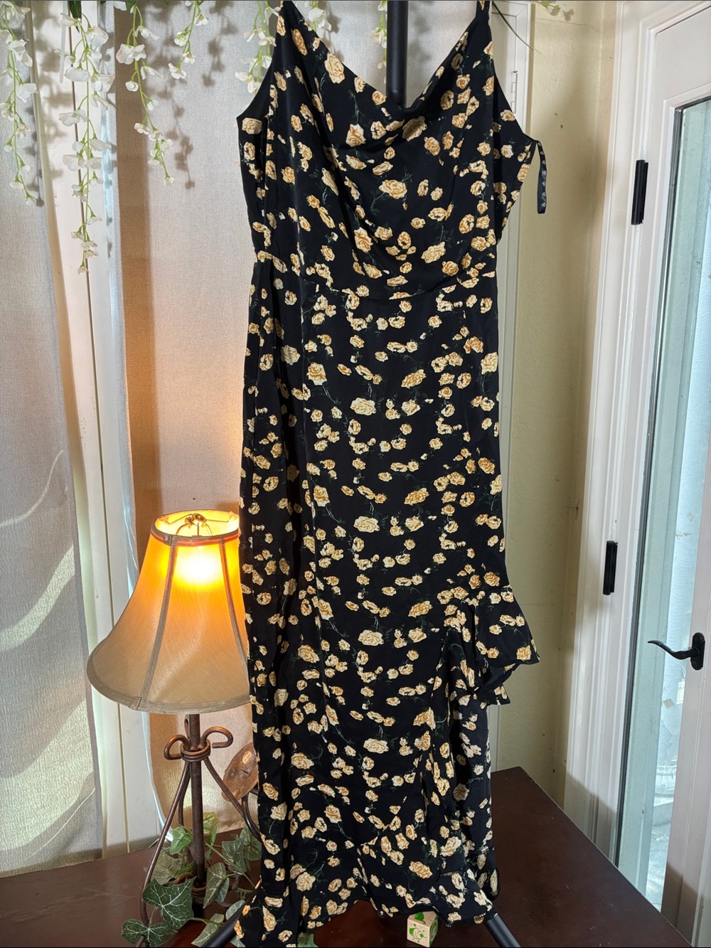 Missguided Black Maxi Slip Dress with Gold Floral Print